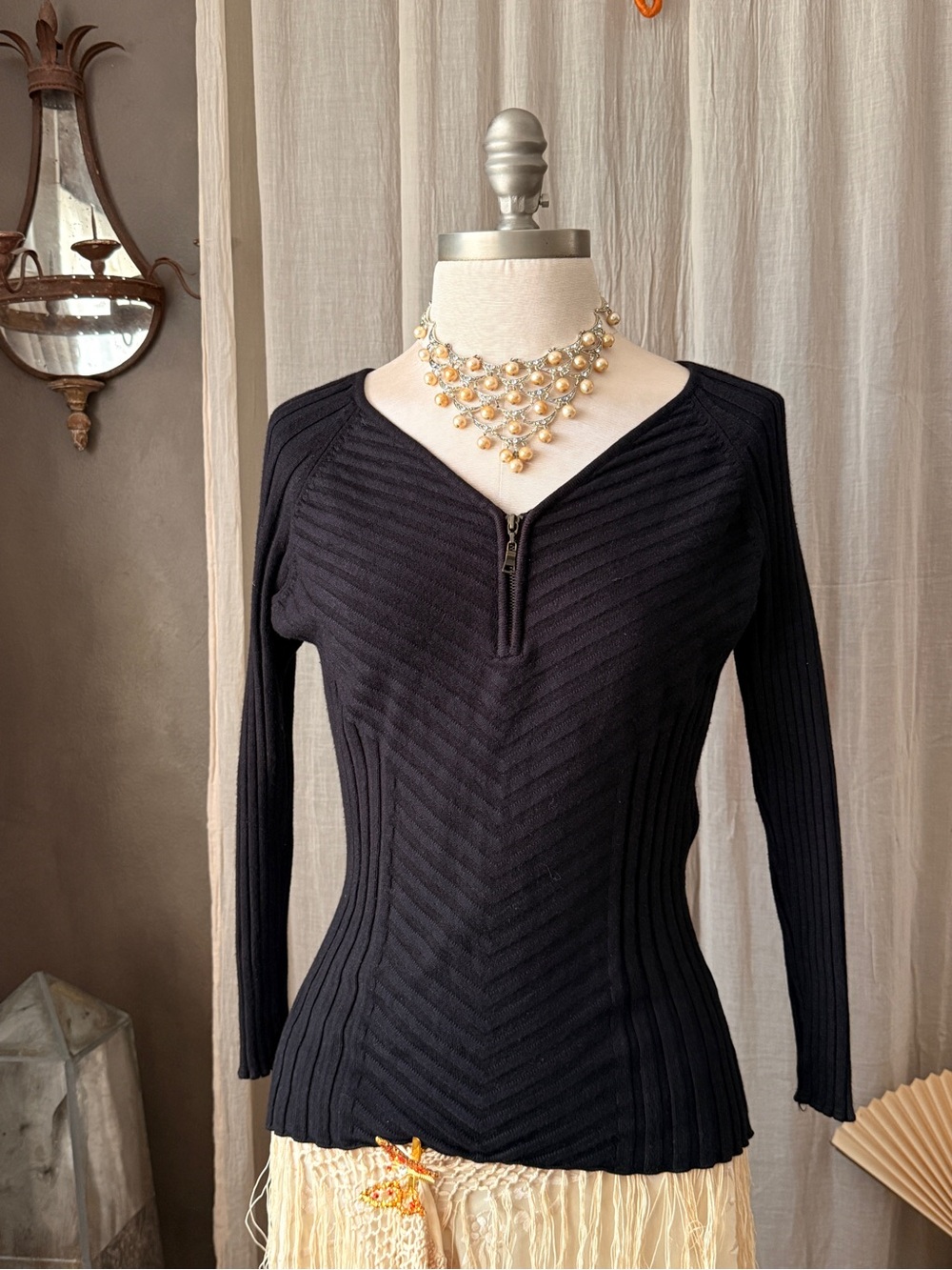 Y2k vintage Bisou Bisou by Michele Bohbot black ribbed knit quarter zip sweater